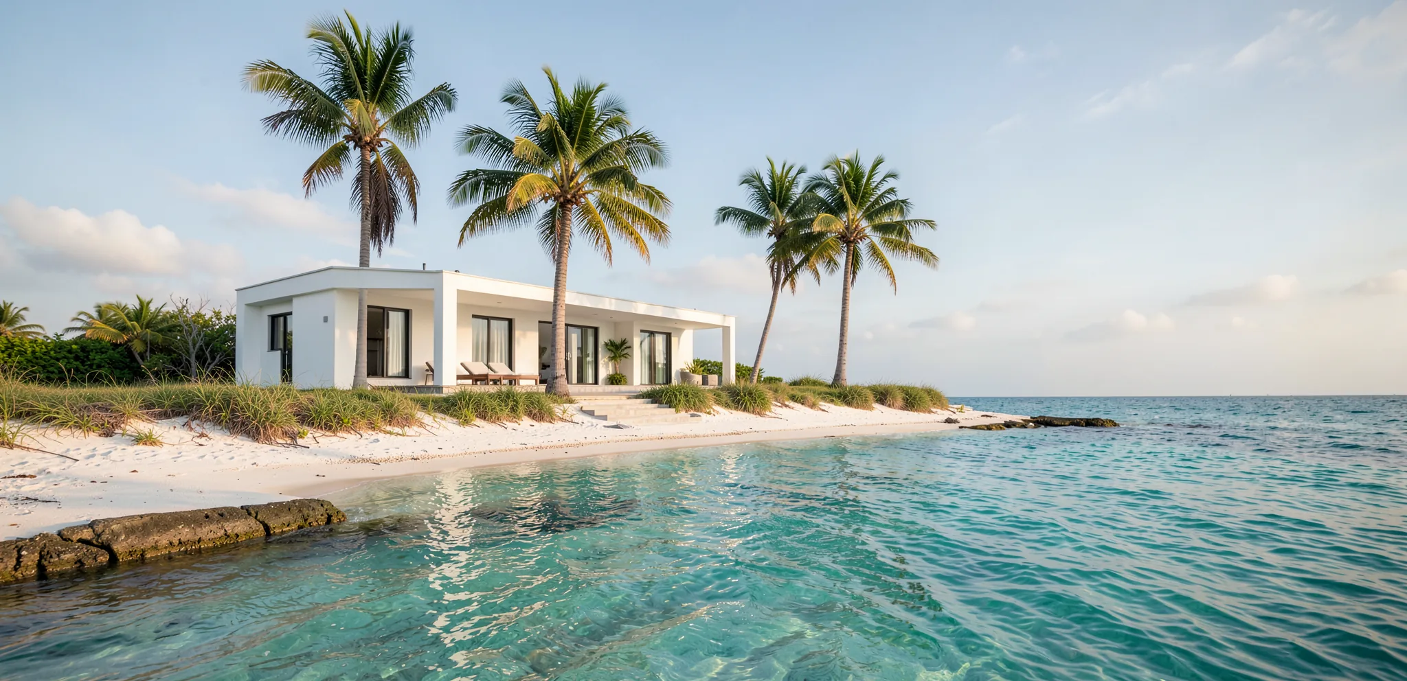 A white beach house with an infinity pool beside turquoise water (illustrative, generated)