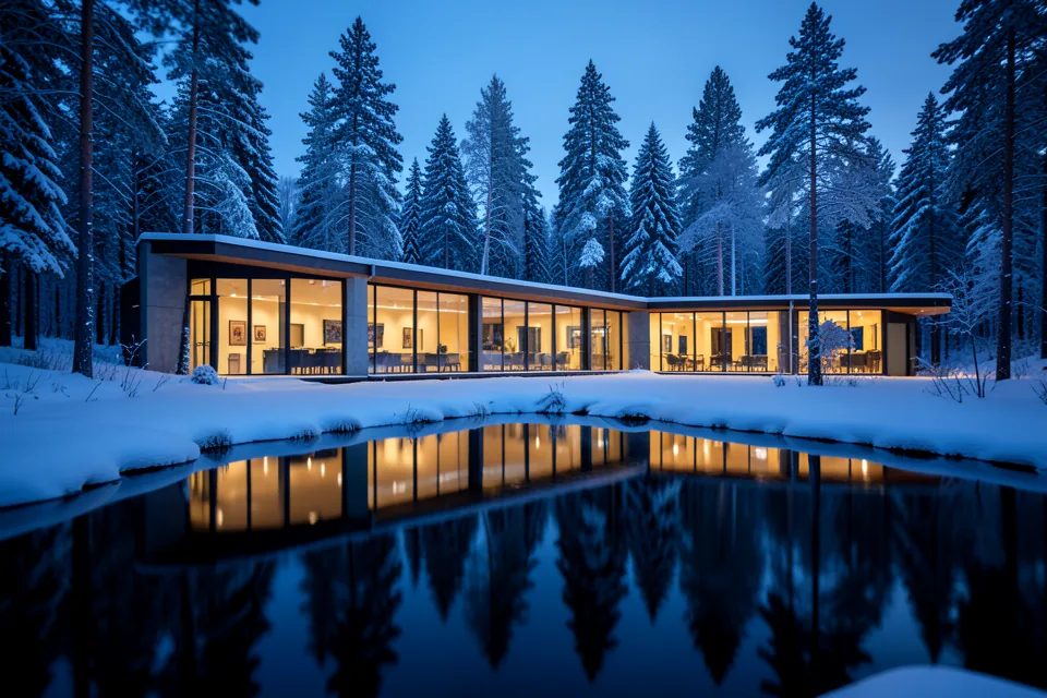 A glass house among snowy pines at dusk (illustrative, generated)