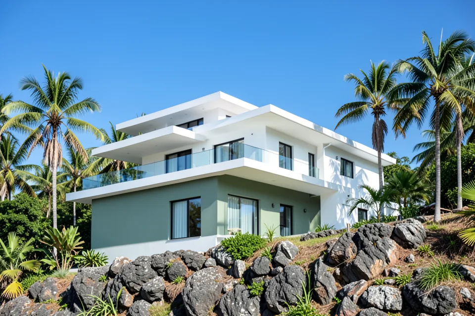 A green and pink terraced villa among palms (illustrative, generated)