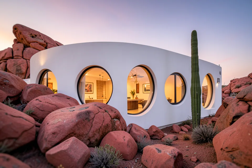 A rounded white desert house with circular windows at sunset (illustrative, generated)