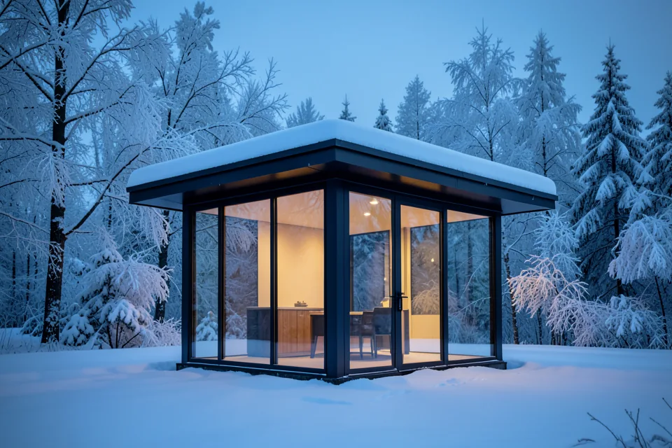 A glass pavilion among frosted trees (illustrative, generated)