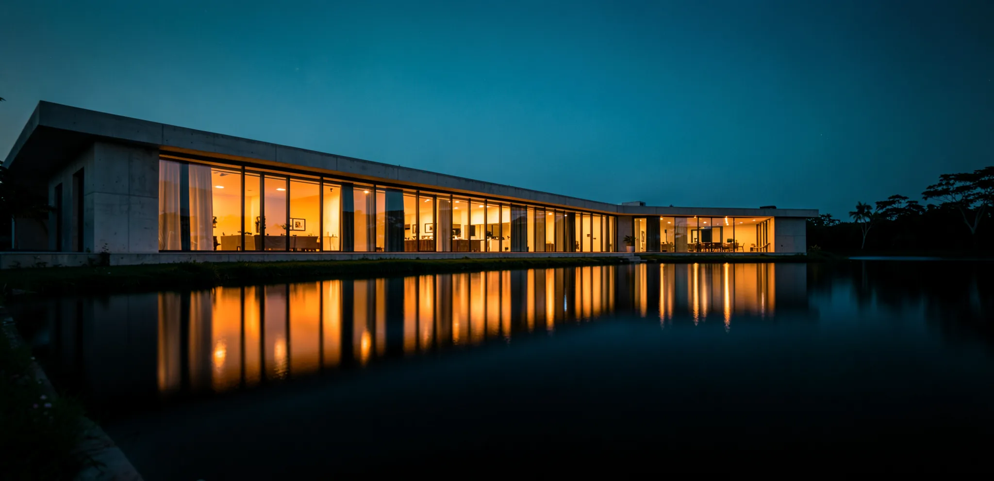 A glass house glowing at dusk over still water (illustrative, generated)