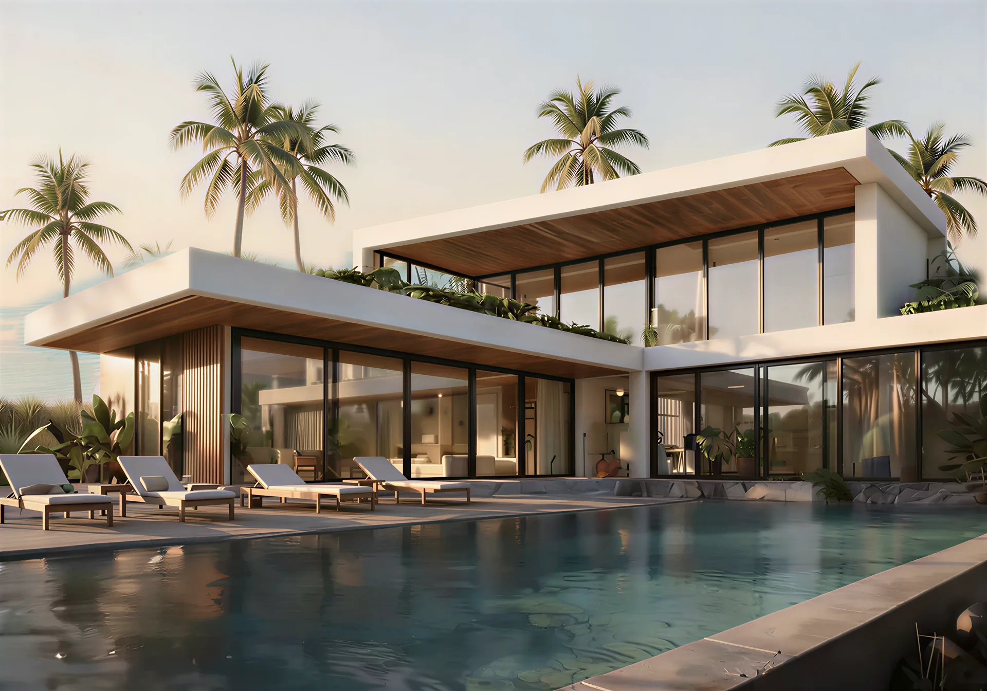 A modern white beach house with long wood-lined roofs, a pool and coconut palms on the Gulf at golden hour (illustrative, generated).