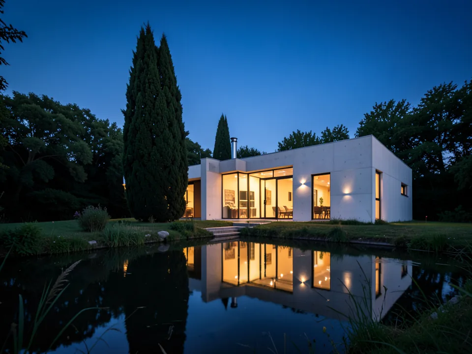 A glass house glowing beside a dark pond at blue hour (illustrative, generated)