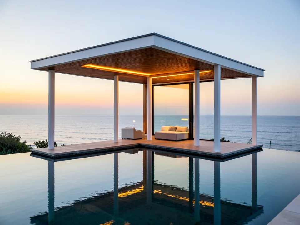 A pavilion glowing orange over a still pool at sunset (illustrative, generated)