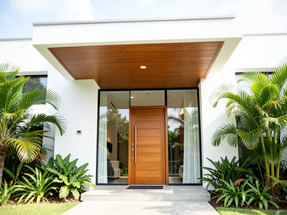 A white villa entry with a wood door and tropical planting (illustrative, generated)