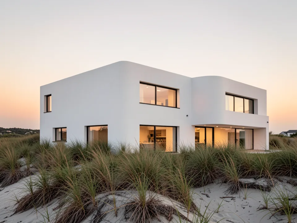 A curved sculptural house at pink sunset (illustrative, generated)