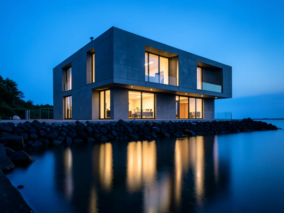 A grey concrete house on rocks by calm water at blue hour (illustrative, generated)