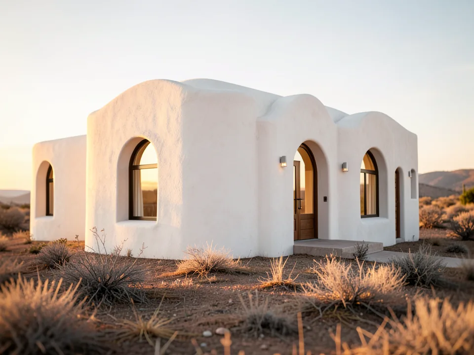 A white plaster house with rounded arches at golden hour (illustrative, generated)